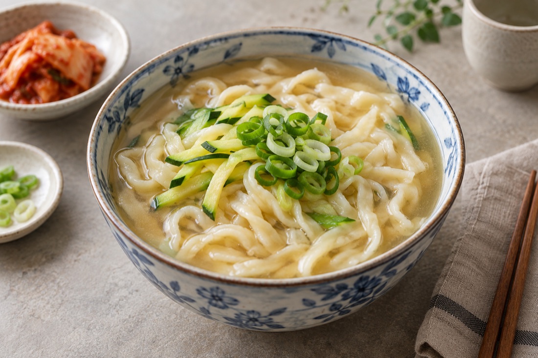 푸른 무늬의 그릇에 담긴 따뜻한 칼국수