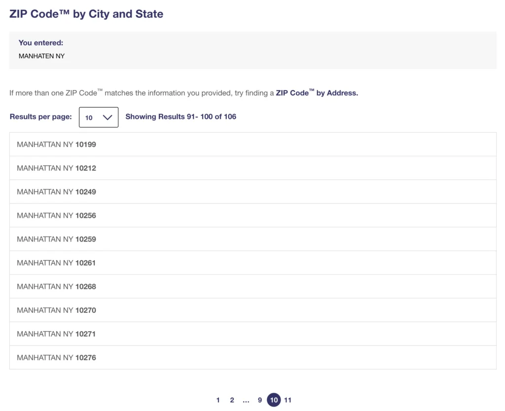 미국-우편번호-검색-도시명으로-찾기-결과