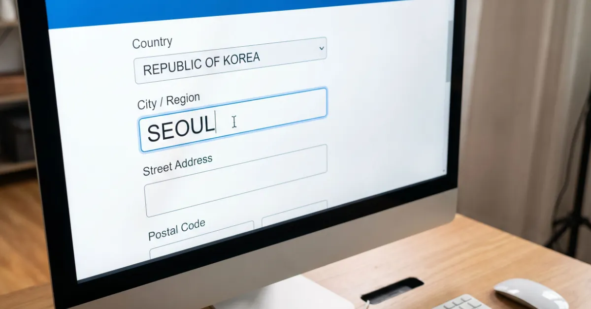 현주소 나라명 및 거주 도시명 입력 화면 모달