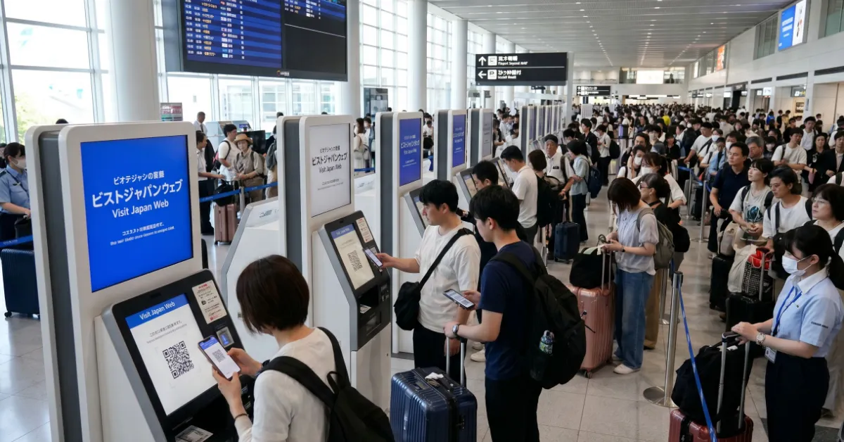 일본 공항 입국 수속 전용 QR 단말기 및 공항 전경 모달