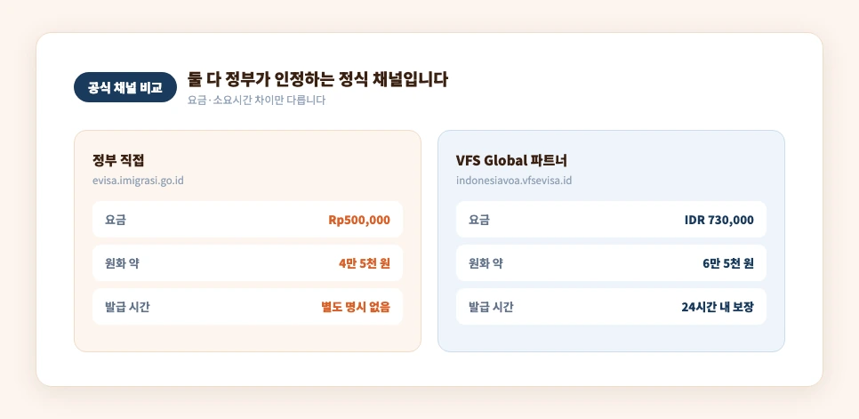 정부가 직접 운영하는 채널과 VFS Global 채널 요금·소요시간 비교 카드
