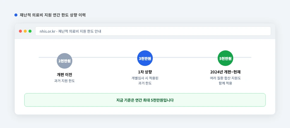 재난적 의료비 지원 연간 한도 상향 이력 타임라인 화면