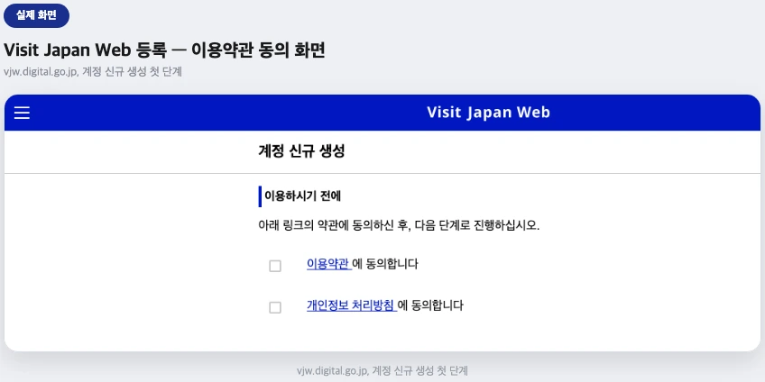 Visit Japan Web 계정 신규 생성 — 이용약관 및 개인정보 처리방침 동의 화면