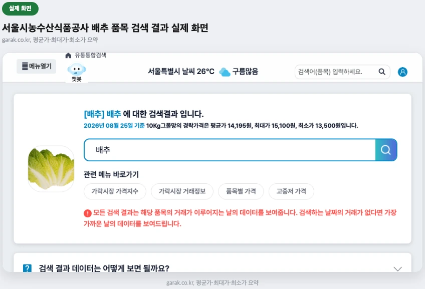 서울시농수산식품공사 배추 품목 검색 결과 실제 화면