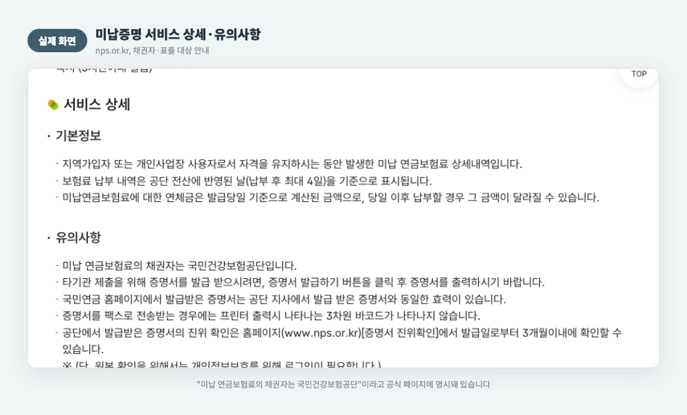 미납증명 서비스 상세·유의사항 실제 화면