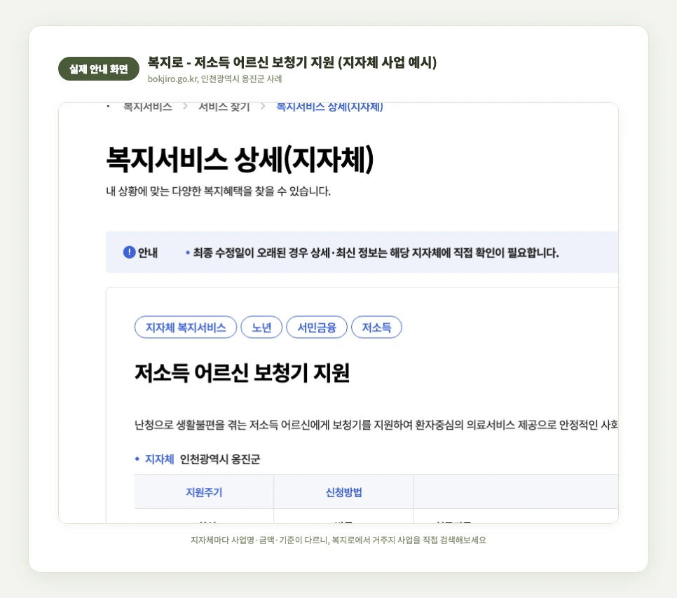 복지로 저소득 어르신 보청기 지원 실제 안내 화면
