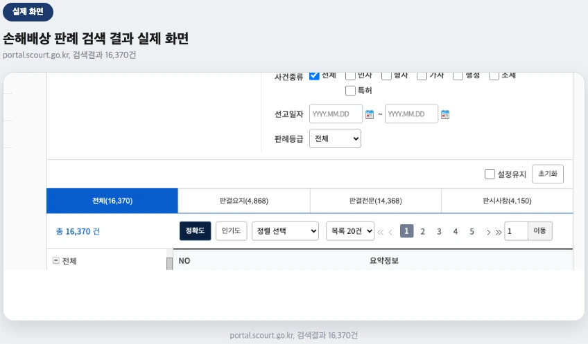 사법정보공개포털 손해배상 판례 검색 결과 실제 화면
