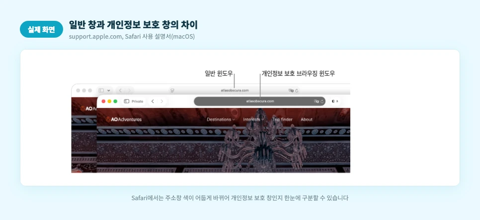 일반 창과 개인정보 보호 창의 차이 실제 화면