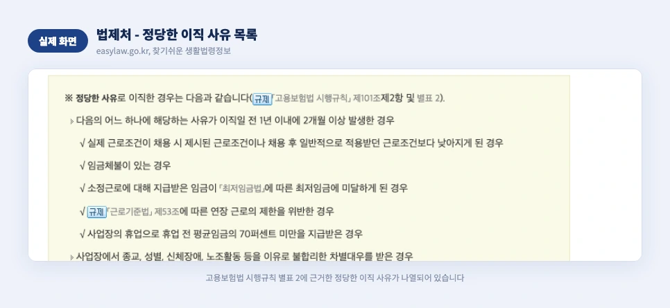 법제처 정당한 이직 사유 목록 실제 화면