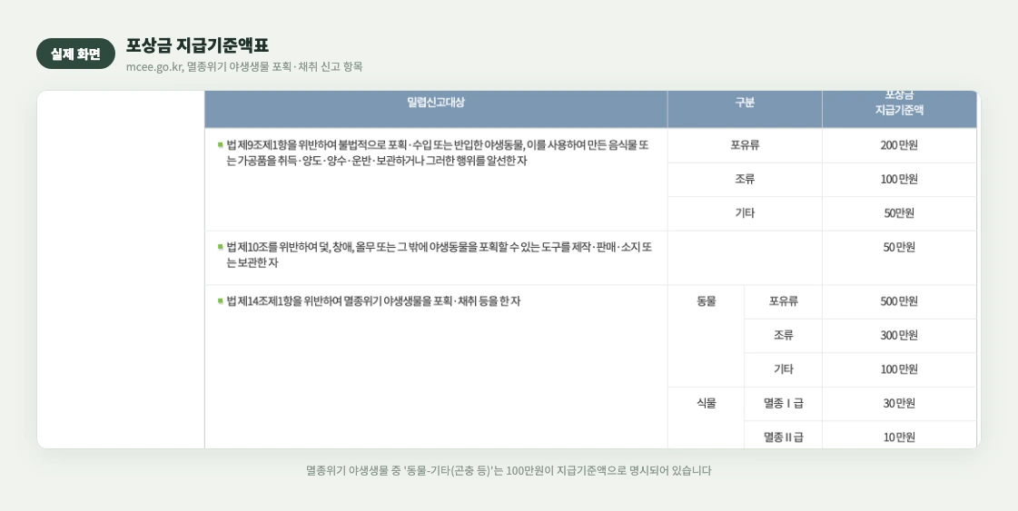 포상금 지급기준액표 실제 화면