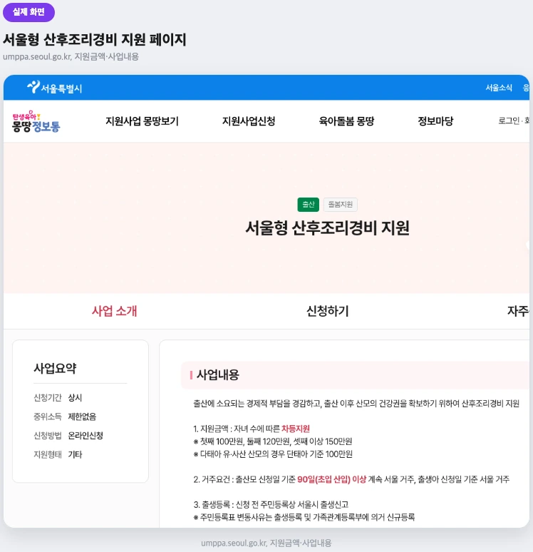 탄생육아 몽땅정보통 서울형 산후조리경비 지원 안내 페이지 실제 화면