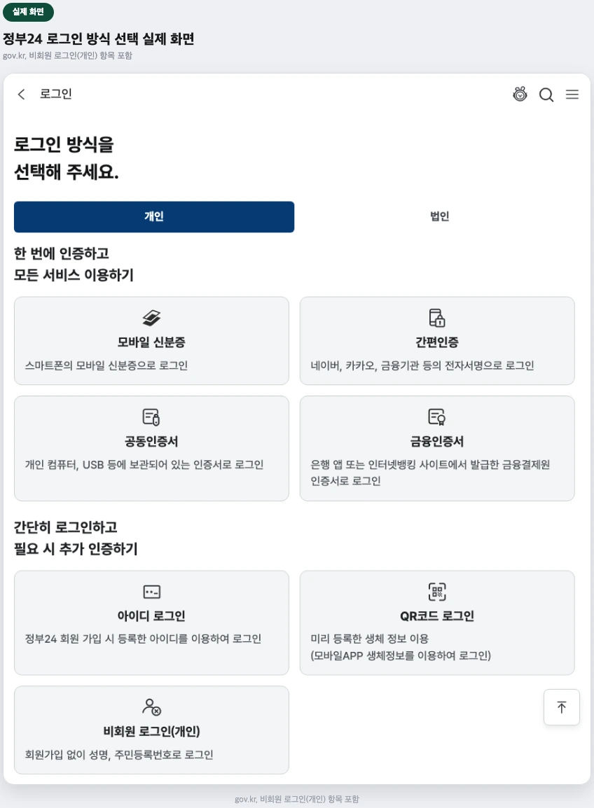 정부24 로그인 방식 선택 실제 화면