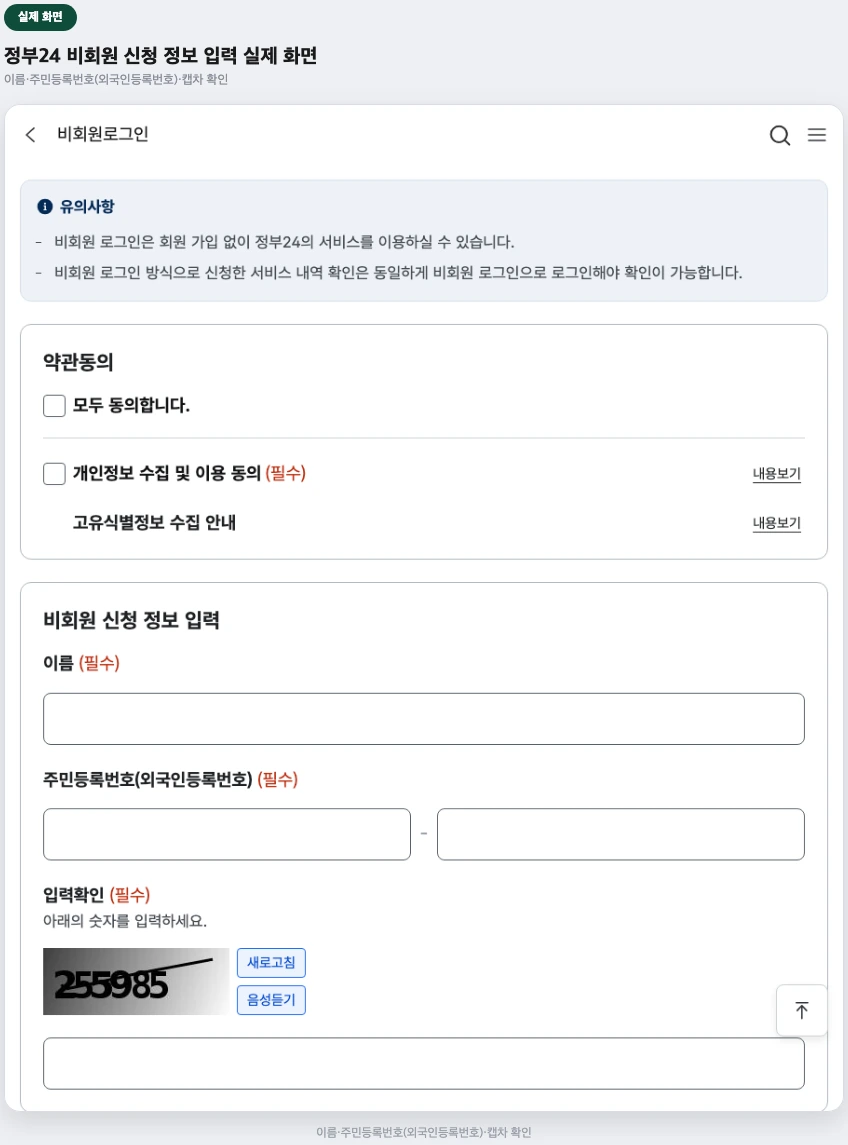 정부24 비회원 신청 정보 입력 실제 화면 — 이름 주민등록번호 캡차 확인란