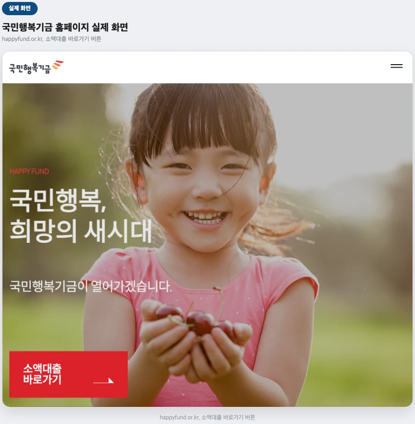 국민행복기금 홈페이지 실제 화면 — 소액대출 바로가기 버튼