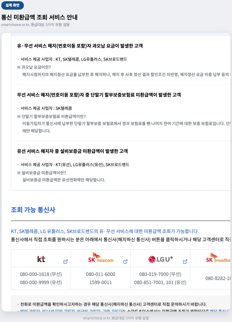 스마트초이스 서비스 안내 페이지 실제 화면 — 환급대상 설명
