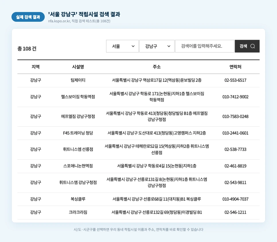 적립시설 검색 결과 실제 화면