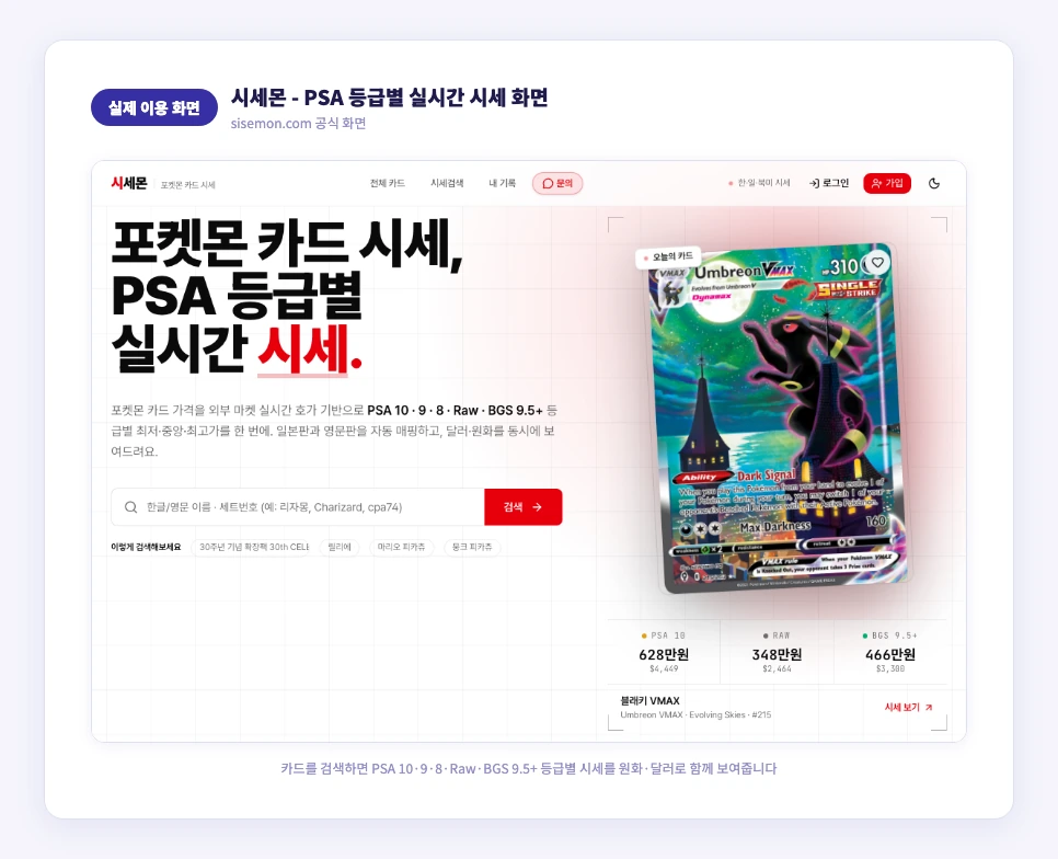 시세몬 PSA 등급별 실시간 시세 실제 이용화면