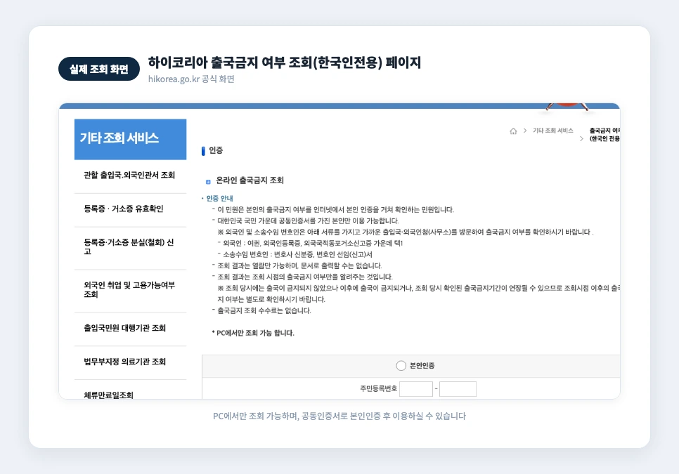 하이코리아 출국금지 여부 조회 한국인전용 페이지 실제 화면