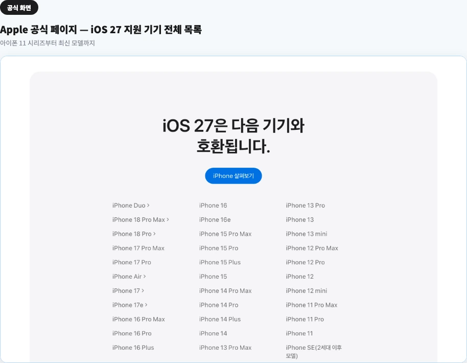 Apple 공식 페이지 — iOS 27 지원 기기 전체 목록