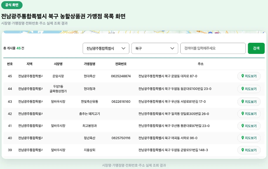 전남광주통합특별시 북구 농할상품권 가맹점 목록 화면
