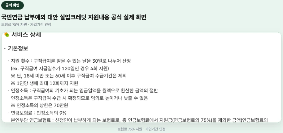 국민연금 납부예외 대안 실업크레딧 지원 내용 공식 화면