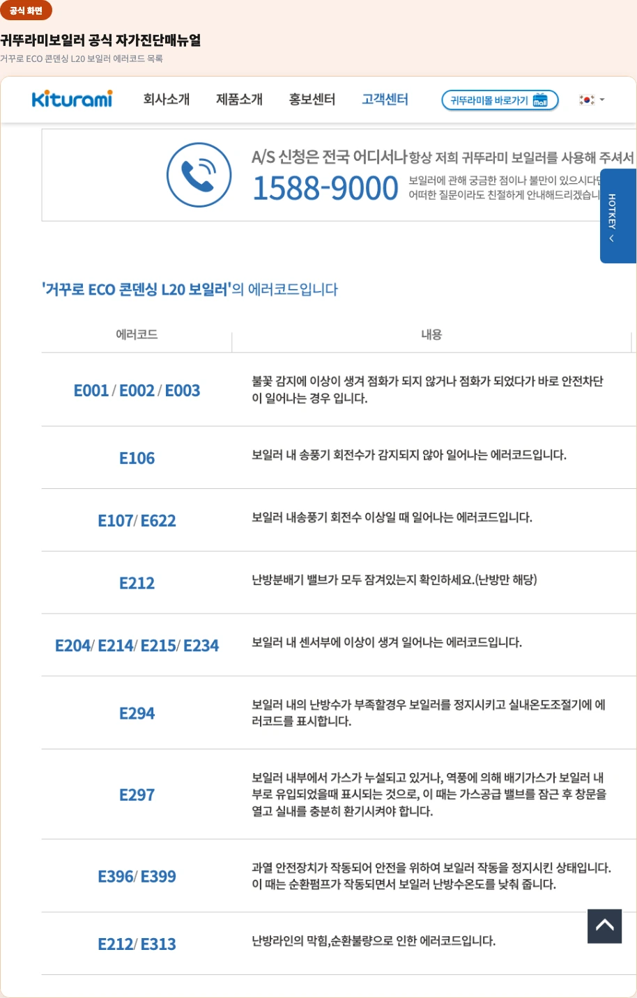 귀뚜라미보일러 공식 자가진단매뉴얼 — 거꾸로 ECO 콘덴싱 L20 보일러 에러코드 목록 화면