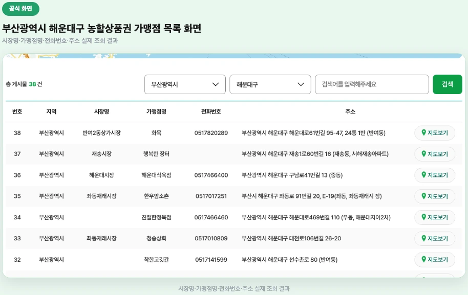 부산광역시 해운대구 농할상품권 가맹점 목록 화면