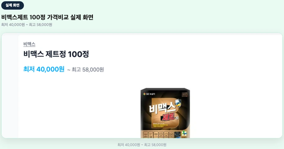 비맥스제트 100정 가격비교 실제 화면 최저 4만원 최고 5만8천원