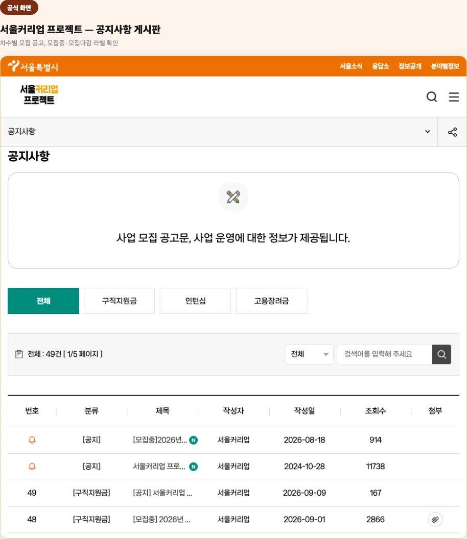 서울커리업 프로젝트 공지사항 게시판 — 차수별 모집 공고 목록 화면(모집중·모집마감 라벨 함께 표시)
