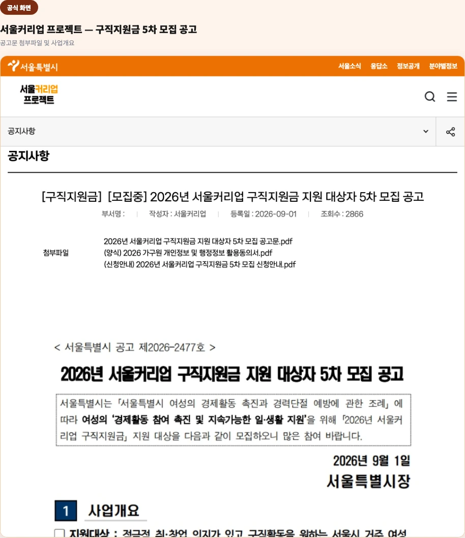 서울커리업 구직지원금 5차 모집 공고문 실제 화면 — 사업개요와 지원대상 안내