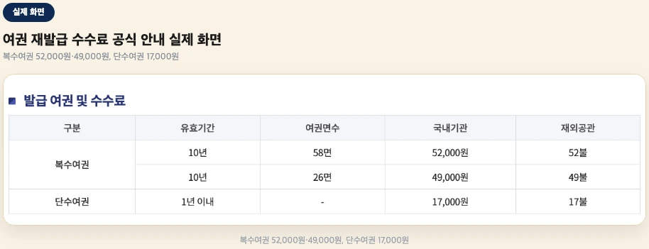 여권 재발급 수수료 공식 안내 복수여권 단수여권 실제 화면