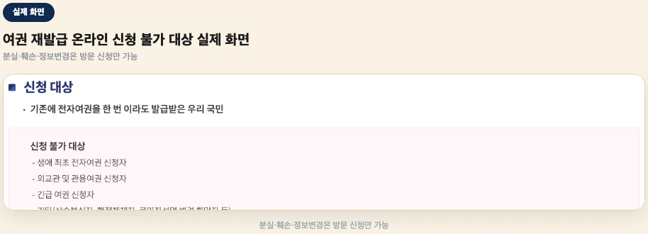 여권 재발급 온라인 신청 불가 대상 실제 화면