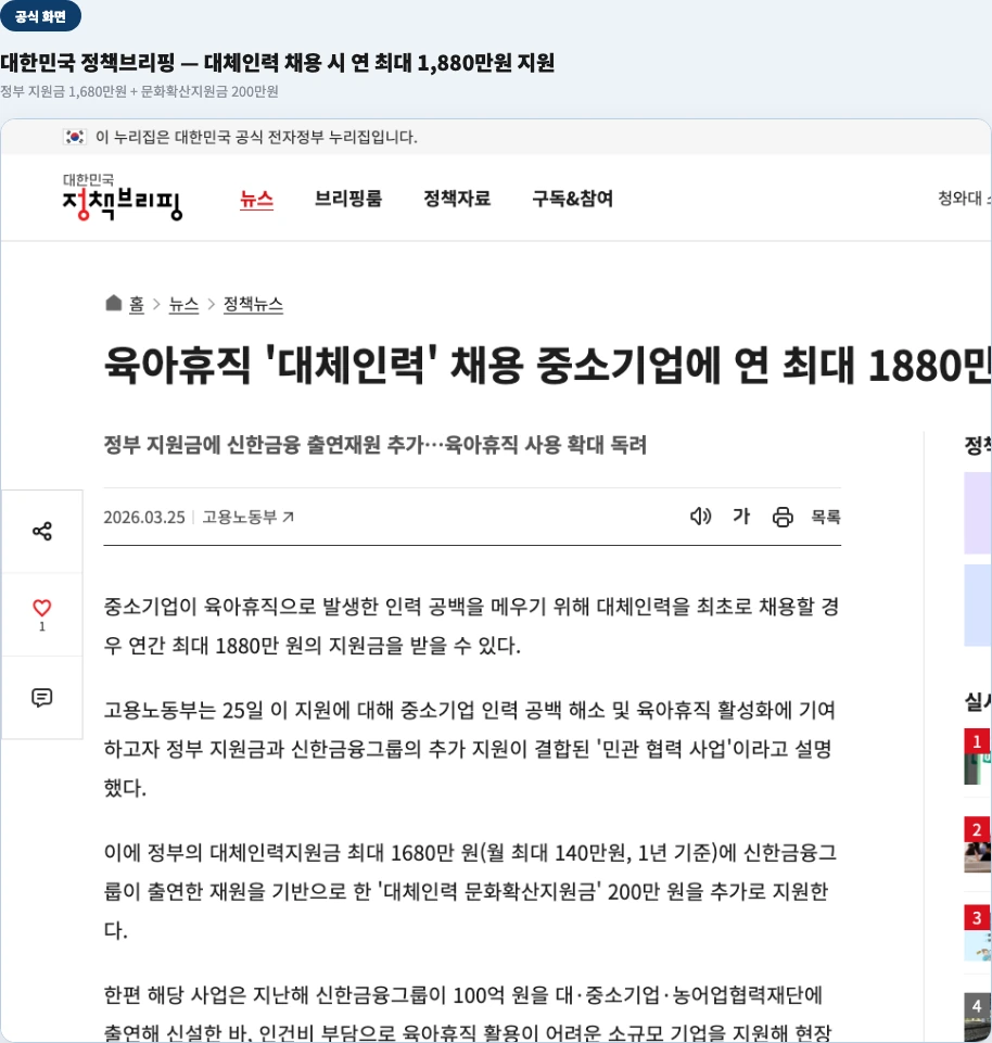 대한민국 정책브리핑 화면 — 육아휴직 대체인력 채용 시 연 최대 1,880만원 지원 기사