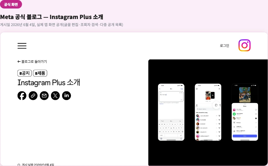Meta 공식 블로그 — Instagram Plus 소개 게시물 상단(게시일 2026년 6월 4일)과 실제 앱 화면(프로필 글꼴 편집, 조회자 검색, 다중 공개 목록)