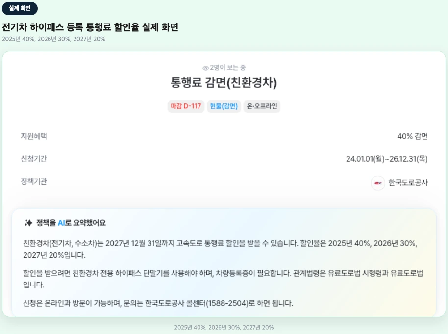 전기차 하이패스 등록 통행료 할인율 2025 2026 2027 실제 화면