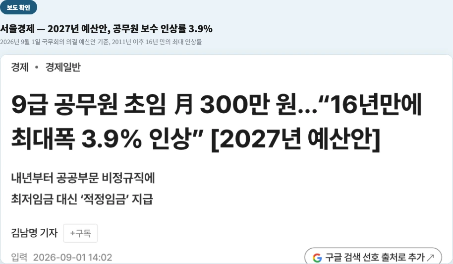 서울경제 기사 - 2027년 예산안 공무원 보수 인상률 3.9% 9급 초임 월 300만원