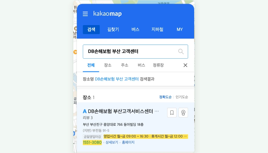 DB손해보험 고객센터 부산 카카오맵 검색 부산고객서비스센터 부산진구 중앙대로 766 동아빌딩 18층 영업시간 월 금 09:00 16:30 1551-3080