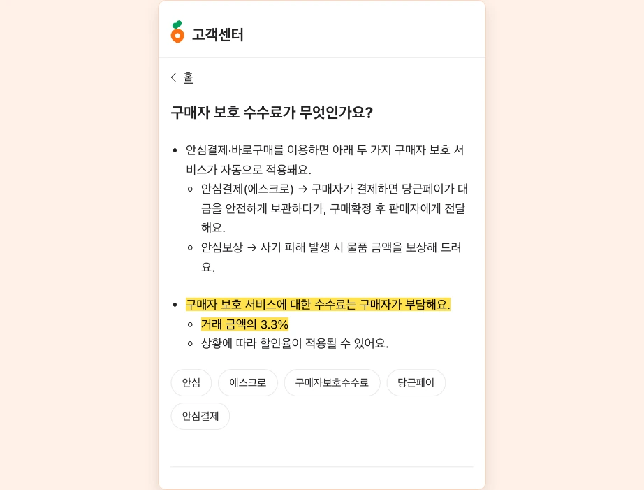 당근페이 구매자 보호 수수료 거래 금액의 3.3% 안심결제 에스크로 안심보상 구매자 부담