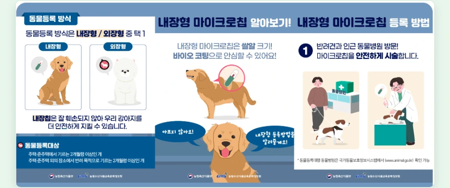 동물등록증 발급 내장형 마이크로칩 등록 방법 동물병원 방문 소유자 반려동물 정보 작성 등록증 수령 농림축산식품부