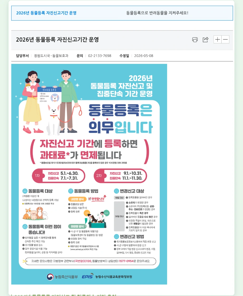 동물등록증 발급 2026년 동물등록 자진신고 집중단속 기간 안내 서울시 동물등록은 의무입니다