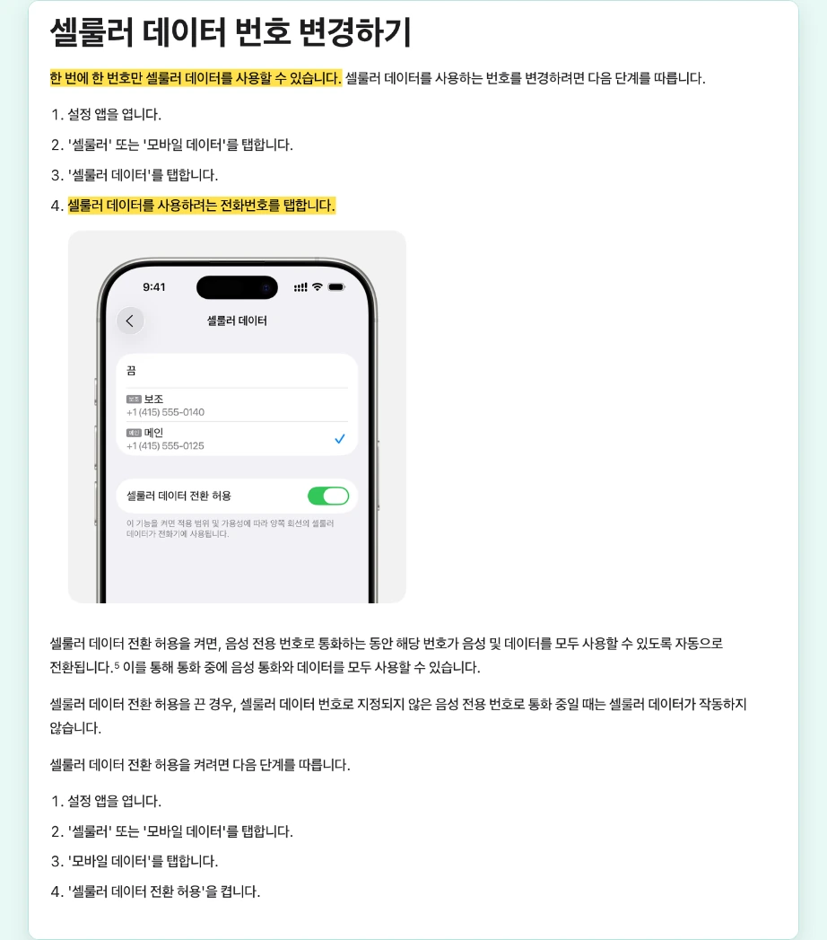 이심 사용법 아이폰 셀룰러 데이터 번호 변경 한 번에 한 번호만 셀룰러 데이터 셀룰러 데이터 전환 허용