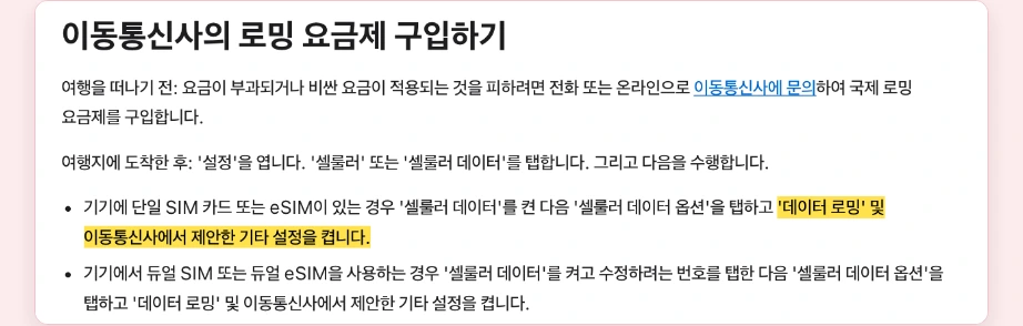 일본 이심 사용법 아이폰 여행지 도착 후 셀룰러 데이터 옵션 데이터 로밍 켜기 듀얼 eSIM 번호 선택