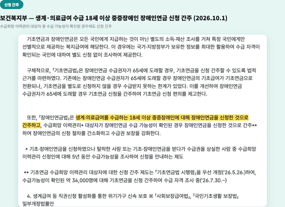 2027년 장애인연금 3급 확대 신청 간주 생계의료급여 수급 18세 이상 중증장애인 장애인연금 보건복지부