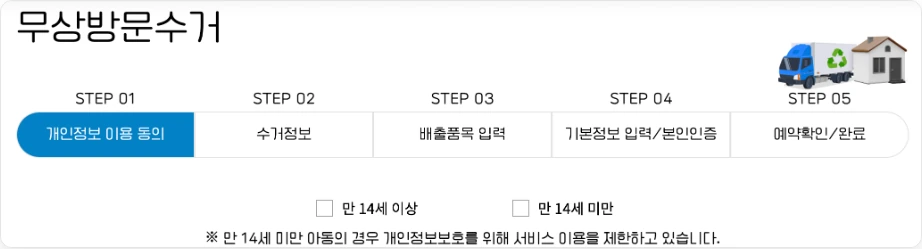 폐가전 무상방문수거 예약 무상방문수거 STEP 01 개인정보 이용 동의 STEP 02 수거정보 STEP 03 배출품목 입력 STEP 04 기본정보 입력 본인인증 STEP 05 예약확인 완료 만 14세 미만 서비스 이용 제한